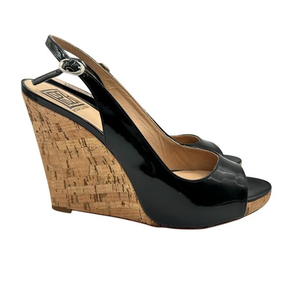 Pour La Victoire Women's Black Catina Patent Leather Wedge Heels Size 9 - Picture 2 of 12